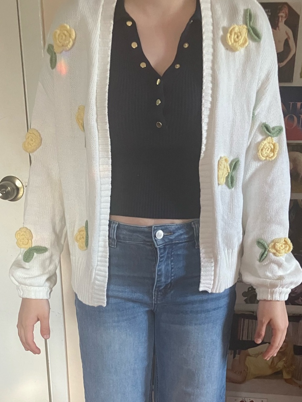 Francesca's Collections White Cardigan with Yellow Rose Appliqués
